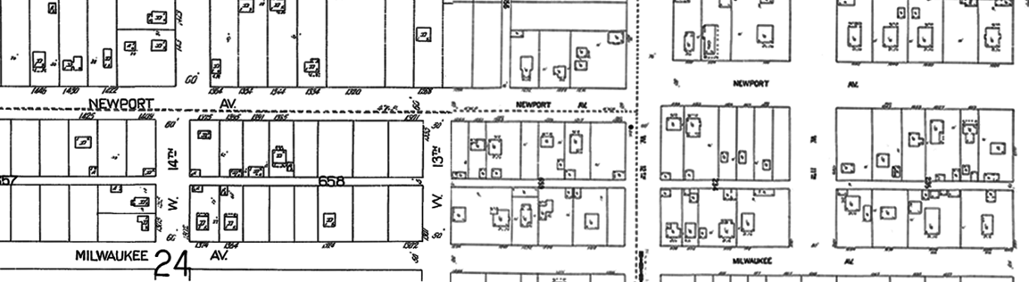 A photo of a map of Newport Avenue developed using surveys taken 1920 and 1928.