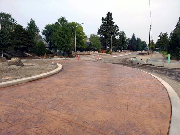 A photo of the Nashville/Newport roundabout's stamped concrete apron, completed and curing.