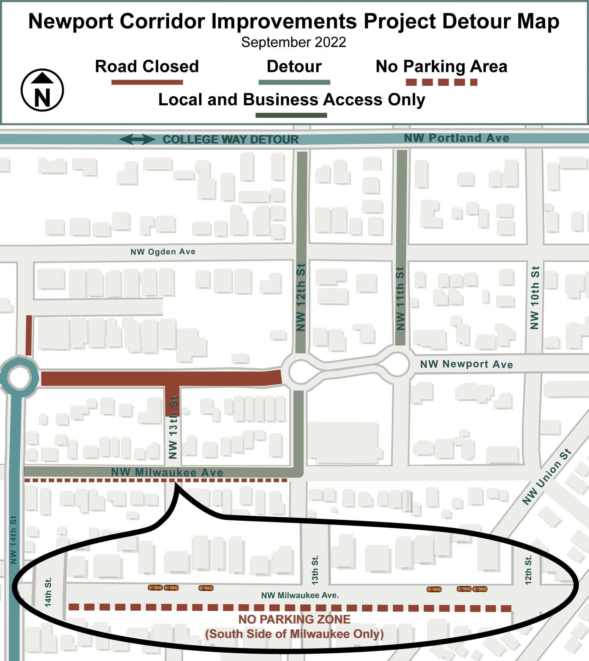 A graphic showing the road closures on Newport Ave, 13th Street, and the northbound leg of the 14th St. roundabout, detours on 14th St. and Portland Ave, and no parking on the south side of Milwaukee Ave.