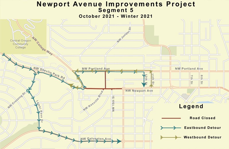 A map of Segment 5 depicting road closures, the eastbound detour, and the westbound detour from October 2021 - Winter 2021.