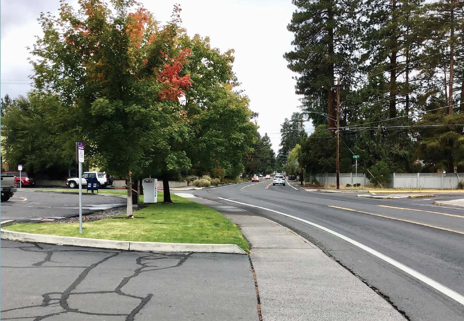 A photo facing west along Newport Avenue capturing landscaping, trees, sidewalks, fencing, overhead power lines, signs, two mailboxes, parked cars, and traffic.