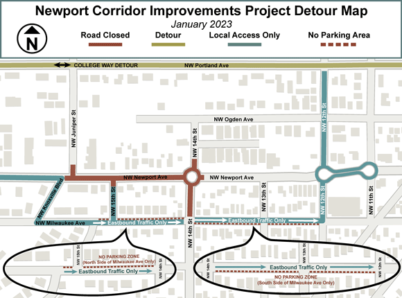 Map of Newport Avenue and the detour.