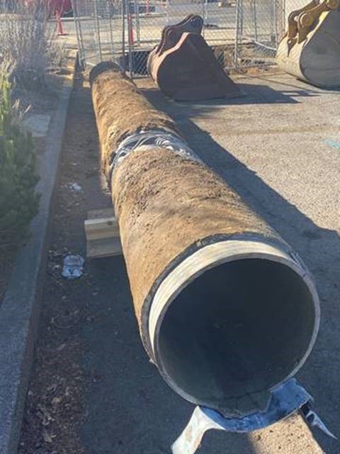 A photo of the portion of aging waterline pipe removed and replaced on NW 10th Street.