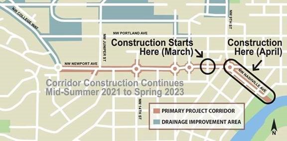 A map exhibiting the drainage improvement area, primary project corridor, and construction zones on Newport Avenue starting in March and NW Nashville Avenue starting in April.