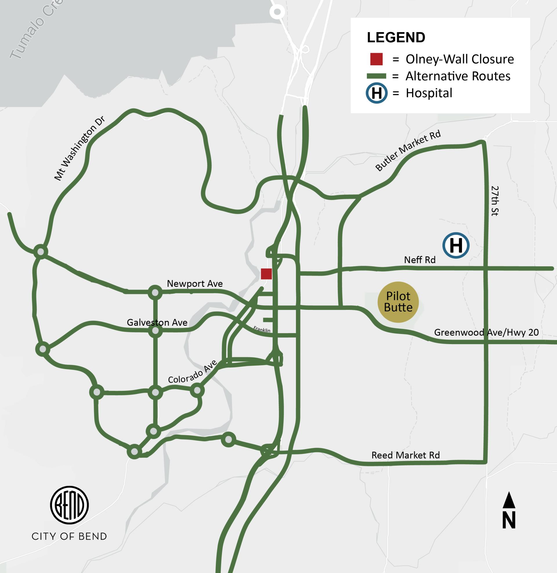 Map of alternate routes around the Olney and Wall intersection closure