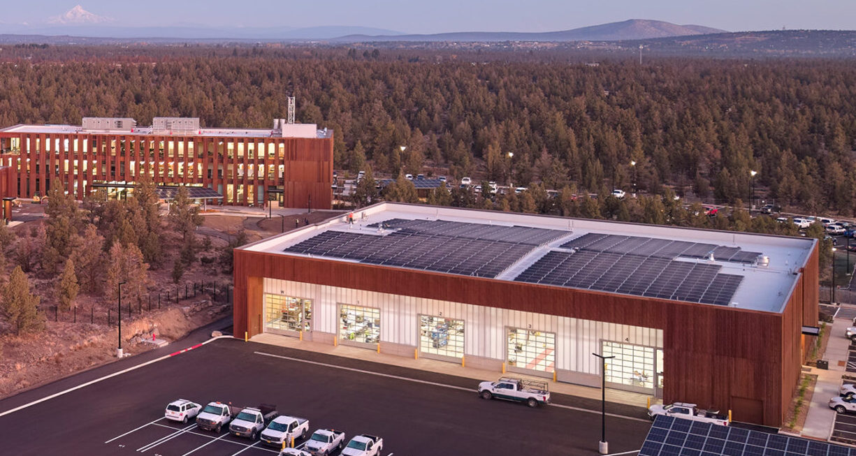 An ariel view of the Bend Public Works Campus buildings.