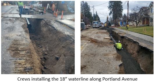 Crews installing the 18” waterline along Portland Avenue