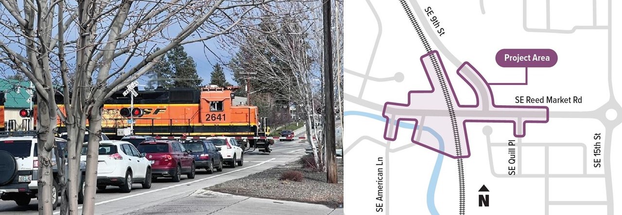 train crossing Reed Market Road and cars waiting