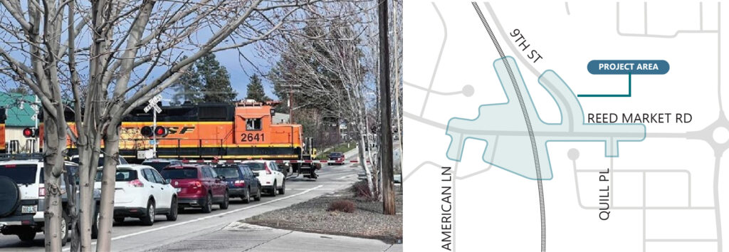 cars waiting for train on Reed Market Road