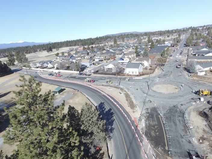 An aerial photo looking northwest over the roundabout construction.