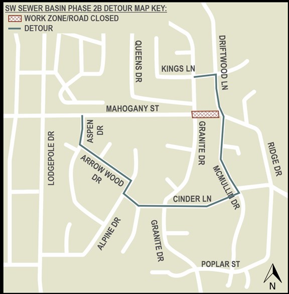 A detour map depicting the work zone/road closure on Mahogany St (between Granite Dr. & McMullin Dr.) and the detour on Kings Ln., Driftwood Ln., McMullin Dr., Cinder Ln., Alpine Dr., Arrow Wood Dr., and Aspen Dr.