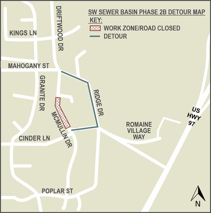 A detour map depicting the work zone/road closure on McMullin Drive and the detour on Ridge Drive.