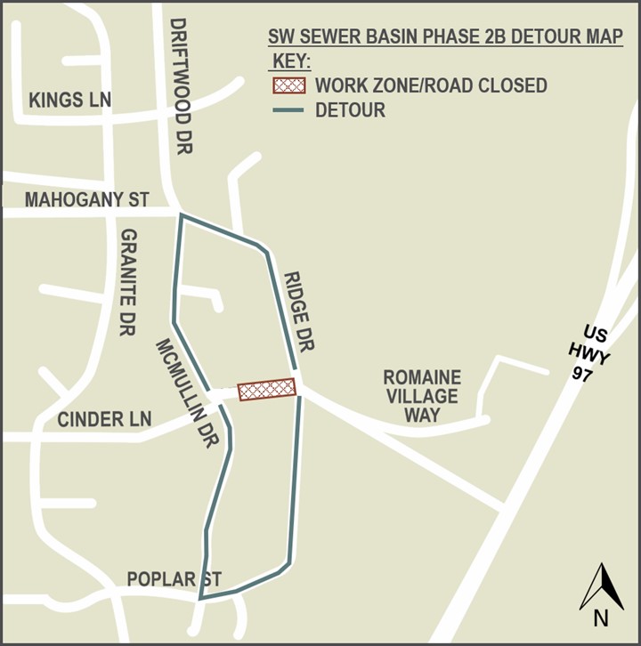 A detour map depicting the work zone/road closure on a portion of Cinder Lane and/or Ridge Drive and the detour on McMullin Drive & Ridge Drive.