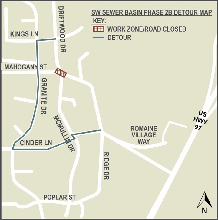 A detour map depicting the work zone/road closure at the intersection of McMullin Dr & Cinder Ln, and the detour on Cinder Ln, Granite Dr, and Kings Ln.