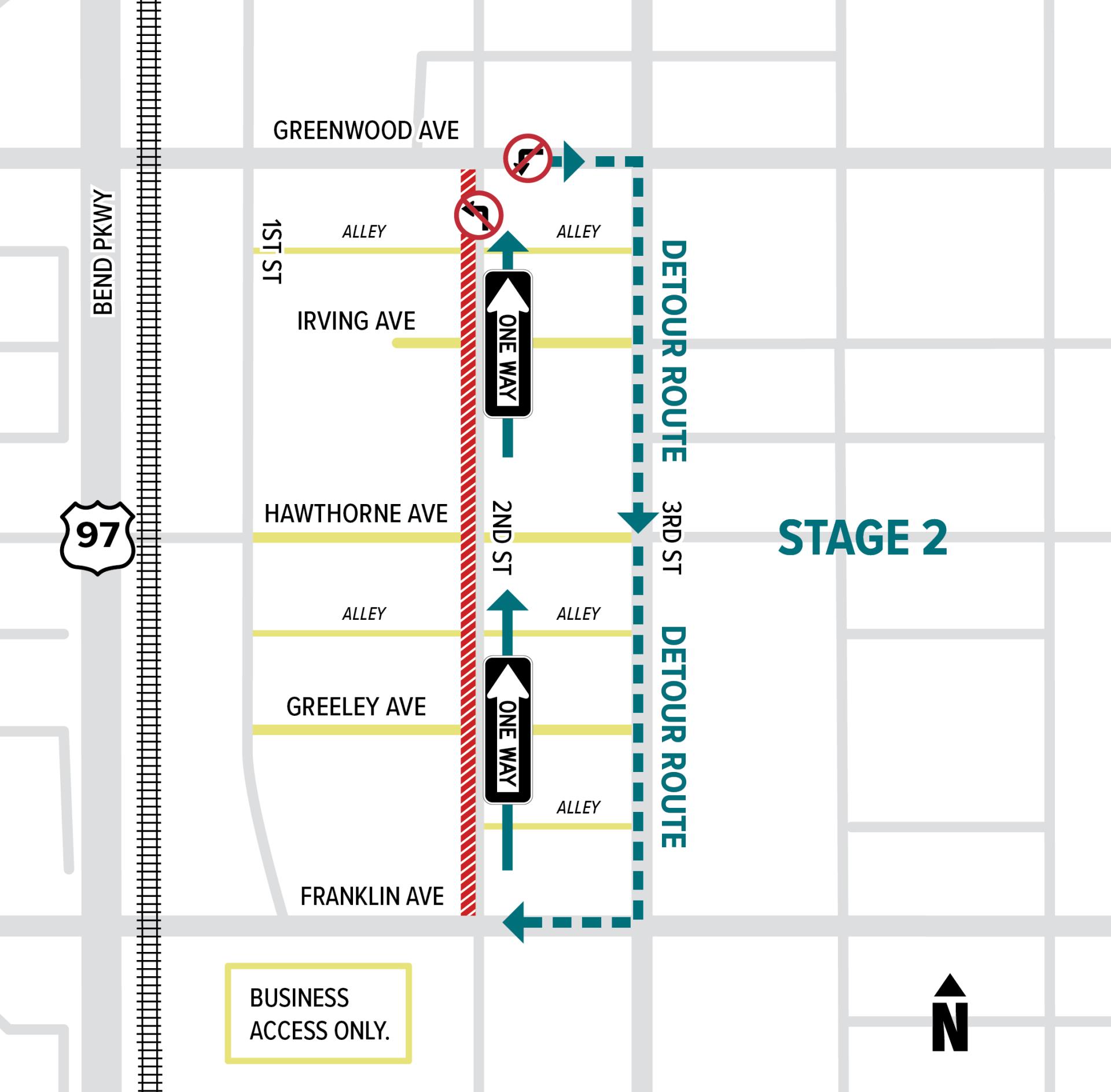 Second Street construction detour beginning MAR 24 2025 includes third street and business access down first street and side streets