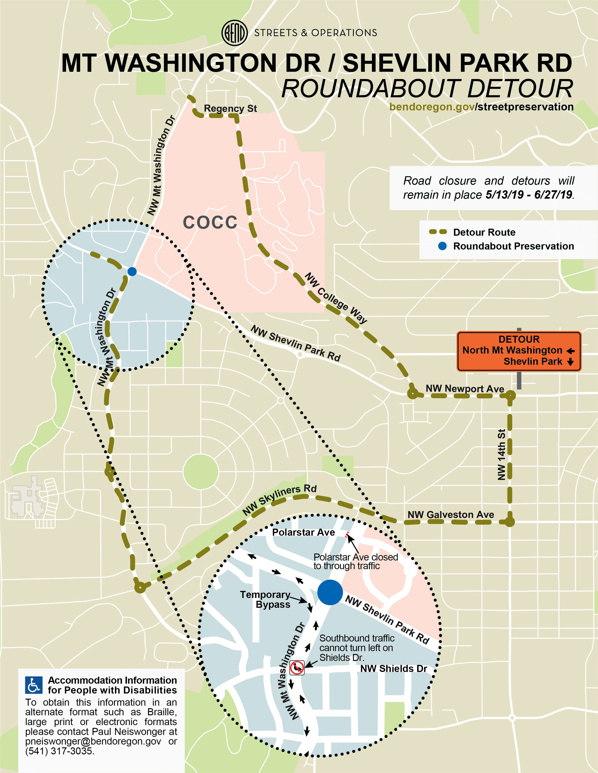 Shevlin and Mt Washington Roundabout Detour Map.