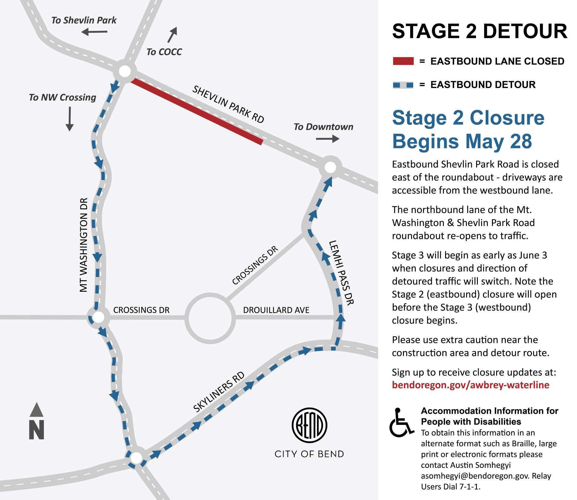 Detour includes southbound Mt Washington Dr, eastbound Skyliners Rd, and northbound Lemhi Pass Dr to Shevlin Park Road