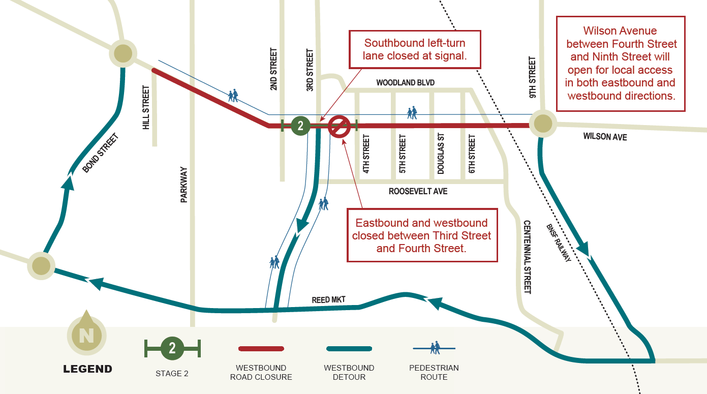 Wilson Avenue traffic in both eastbound and westbound directions will be closed between Third Street and Fourth Street. Use posted detour. Pedestrian access is open.