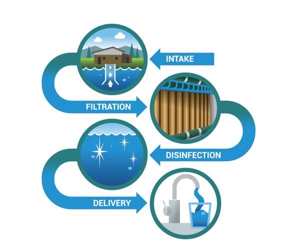 surface water intake to filtration to disinfection and distribution to the water meter