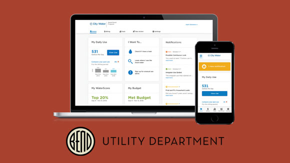 A computer and phone with WaterSmart software and a Bend Utility Department logo below them on a red background.