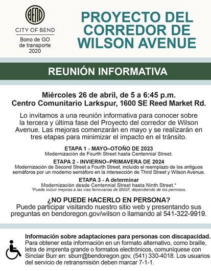 A Spanish flyer advertising the Informational Meeting on April 26, at 5 PM at the Larkspur Community Center.