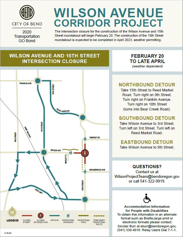 A flyer depicting a map of road/intersection closures, detours, and pedestrian routes, paths, and crossings for the Wilson Ave. & 15th St. Intersection Closure from February to April, 2023.