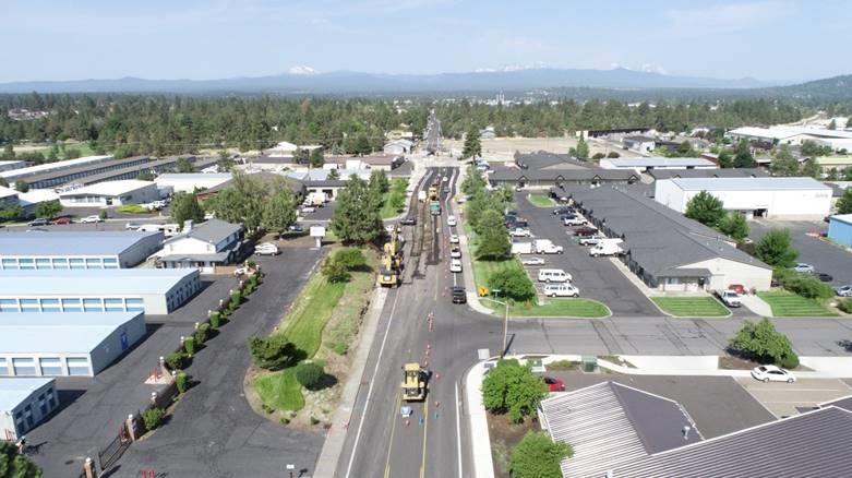 An aerial photo of Wilson Avenue, looking west toward 3rd Street.