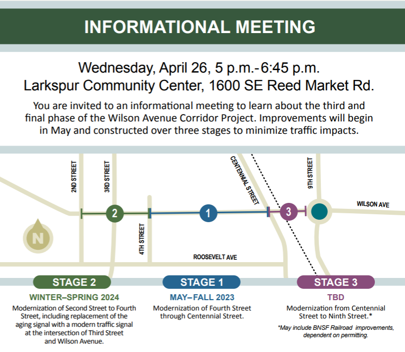A flyer announcing an Informational Meeting on Wednesday, April 26, 5:00 PM - 6:45 PM at the Larkspur Community Center, with a map of the three project stages.
