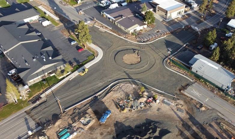 An aerial photo looking over the 9th St. & Wilson Ave. roundabout  construction site.