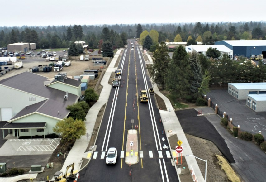 An aerial photo of paving work on Wilson Avenue looking east.