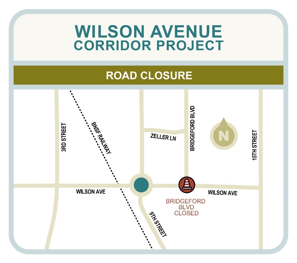 A map showing the SE Bridgeford Boulevard road closure at SE Wilson Avenue.
