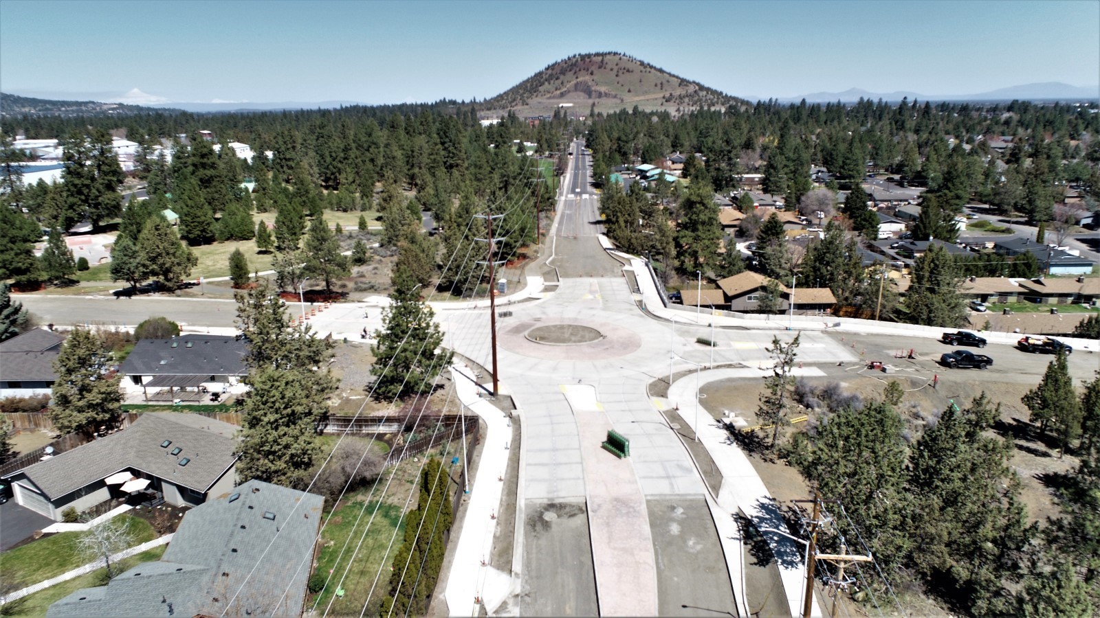 An aerial photo overlooking the 15th St. & Wilson Ave. roundabout facing north, taken April 28, 2023.
