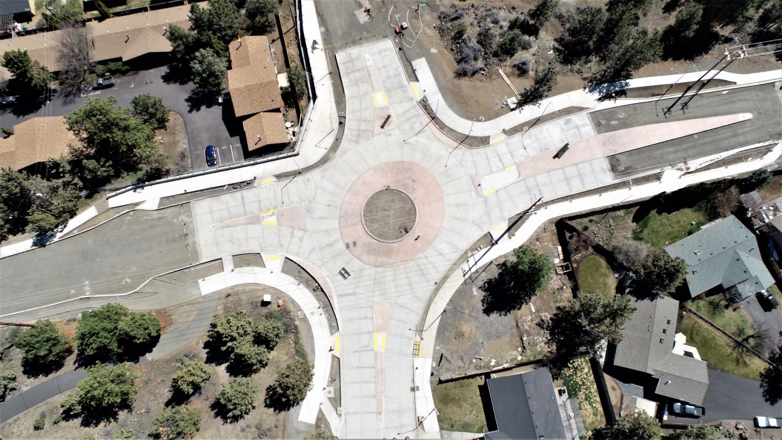 An aerial photo overlooking the 15th St. & Wilson Ave. roundabout, taken April 28, 2023