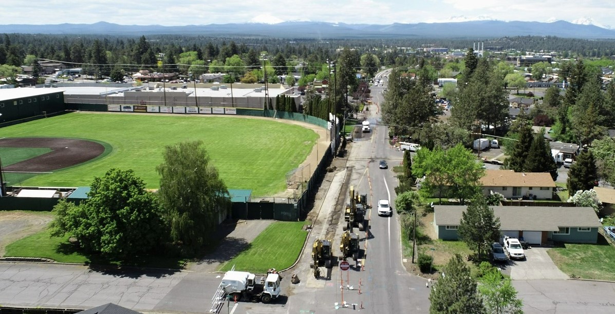 An aerial photo overlooking SE Wilson Ave facing west.