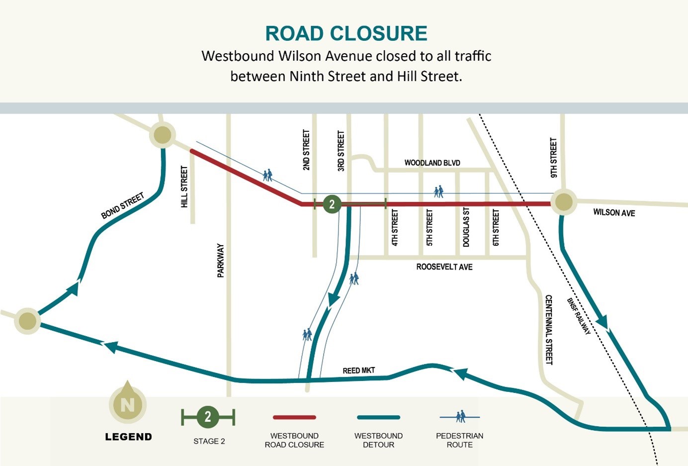 Westbounf Wilson closed to traffic from Hill street to Ninth street.  