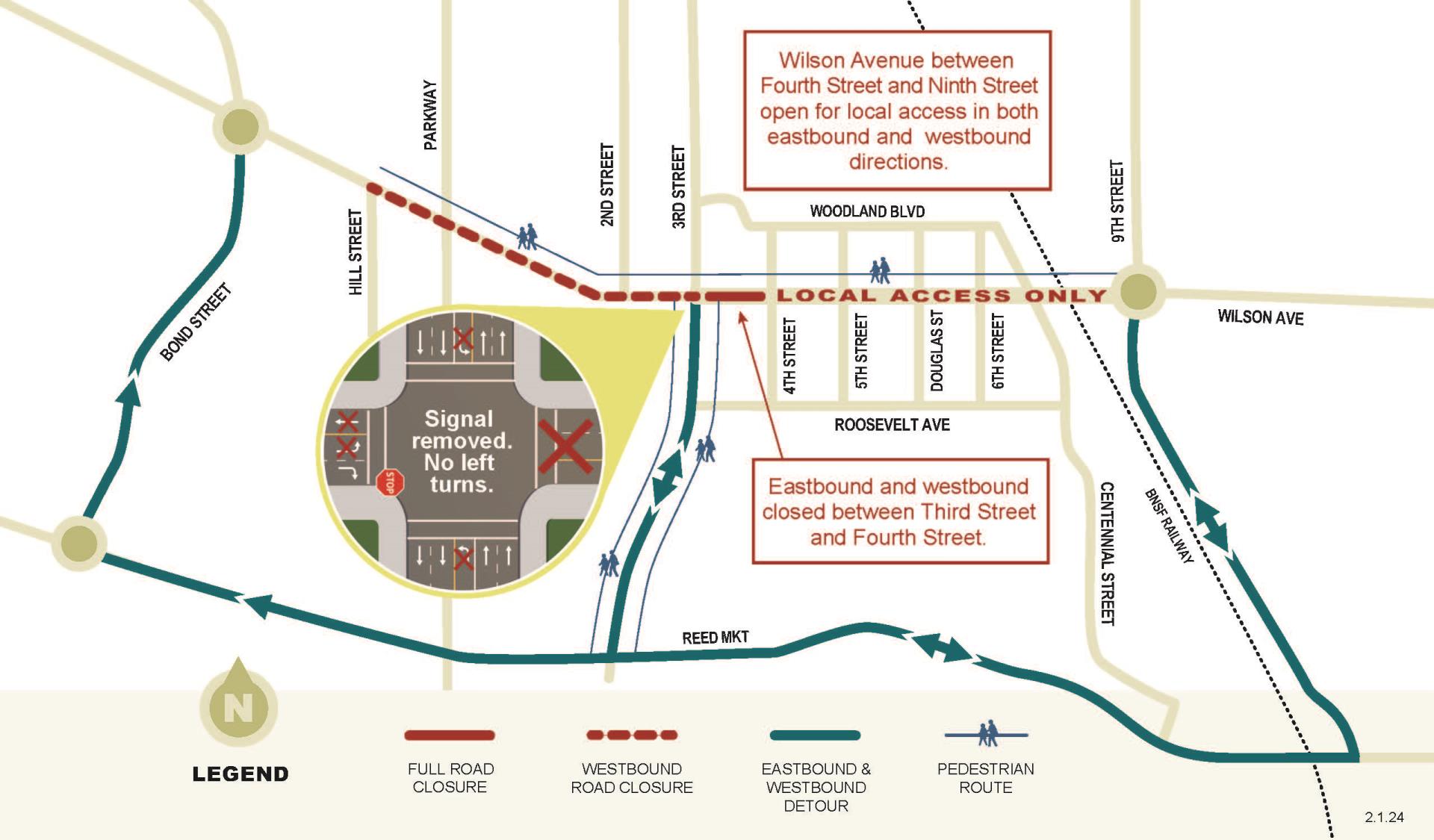 beginning Feb 8, no left turns at Third and Wilson. Full closure on Wilson between 3rd st and 4th st.