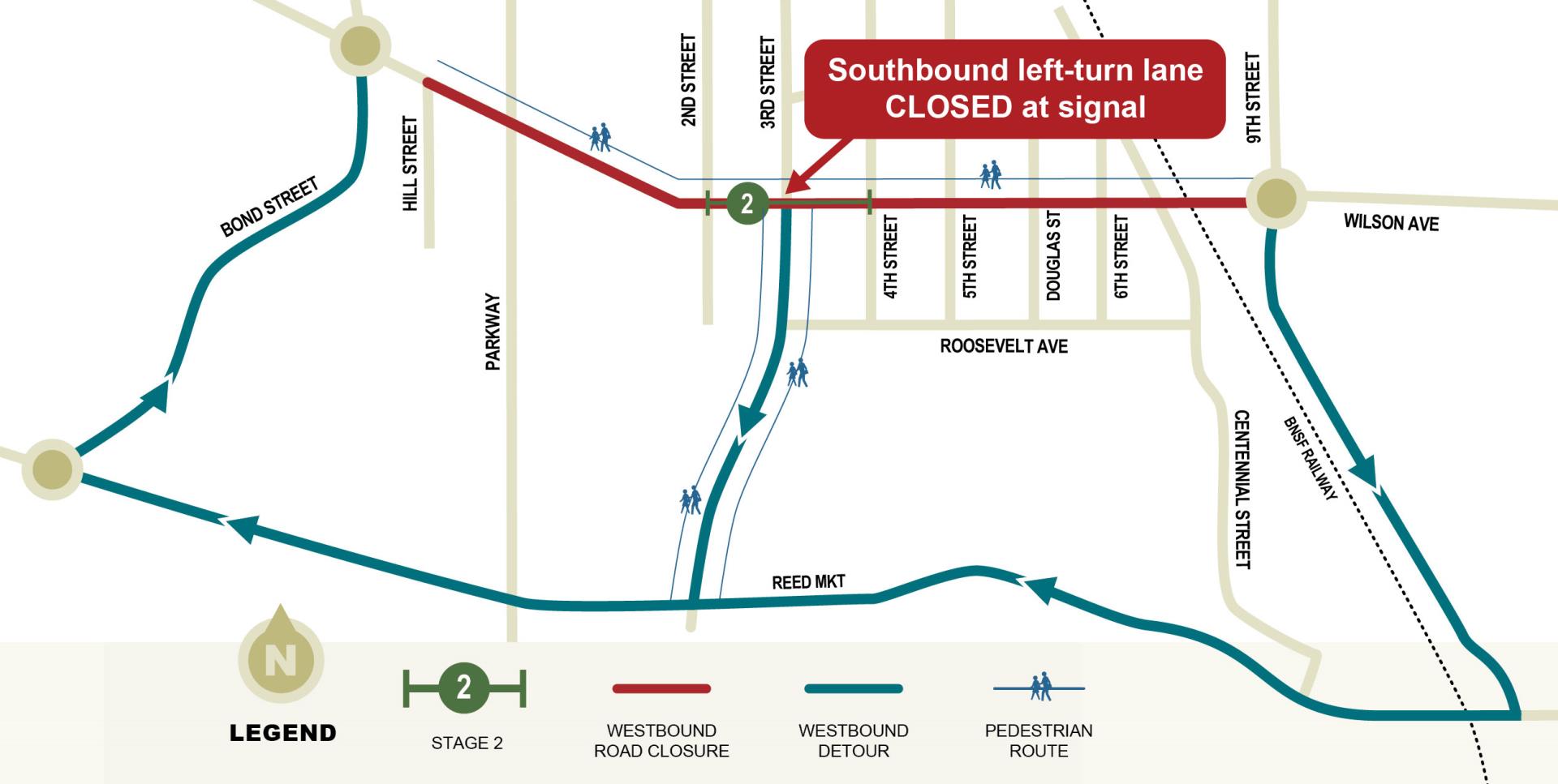 Wilson westbound lane is closed from 9th to 2nd Street. The Third Street Southbound left turn lane at wilson avenue is closed. use signed detour route.