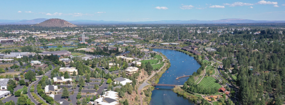 Aerial photograph of bend and the Deschutes river.