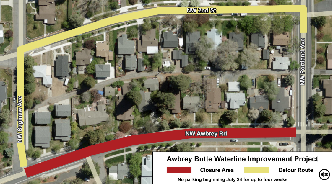Awbrey road closed from portland ave to saginaw. Detour includes Saginaw, Second Street and Portland Avenue