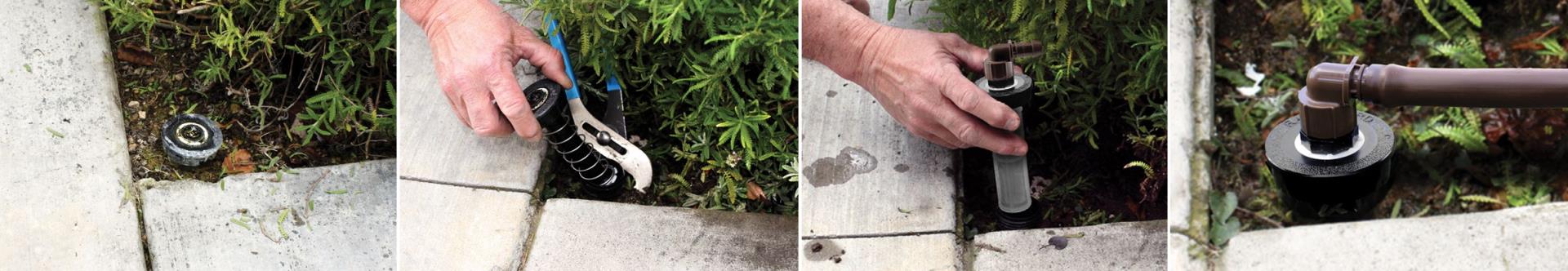 Collage of hands working on a drip line for watering plants.