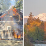 Left side house on fire with firefighter spraying water on it. Right green tree with snow-covered mountain in the background.