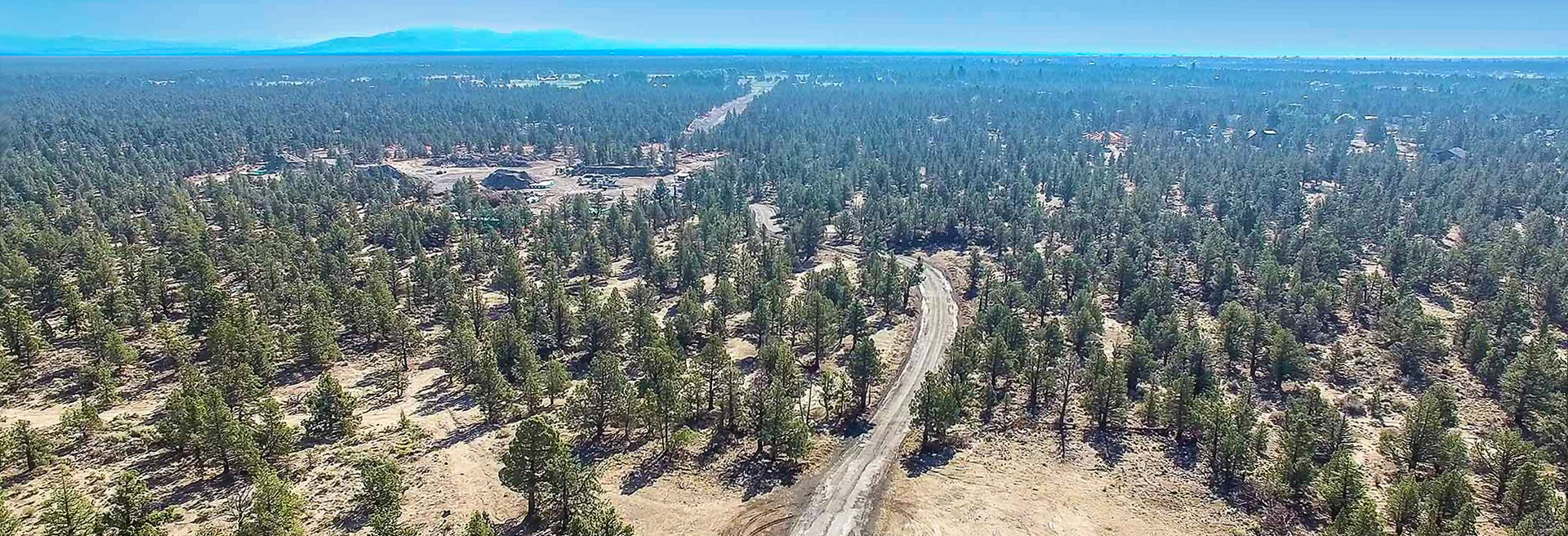 Drone view of Juniper Ridge, comprised of juniper trees and sagebrush. Sky is a hazy blue.