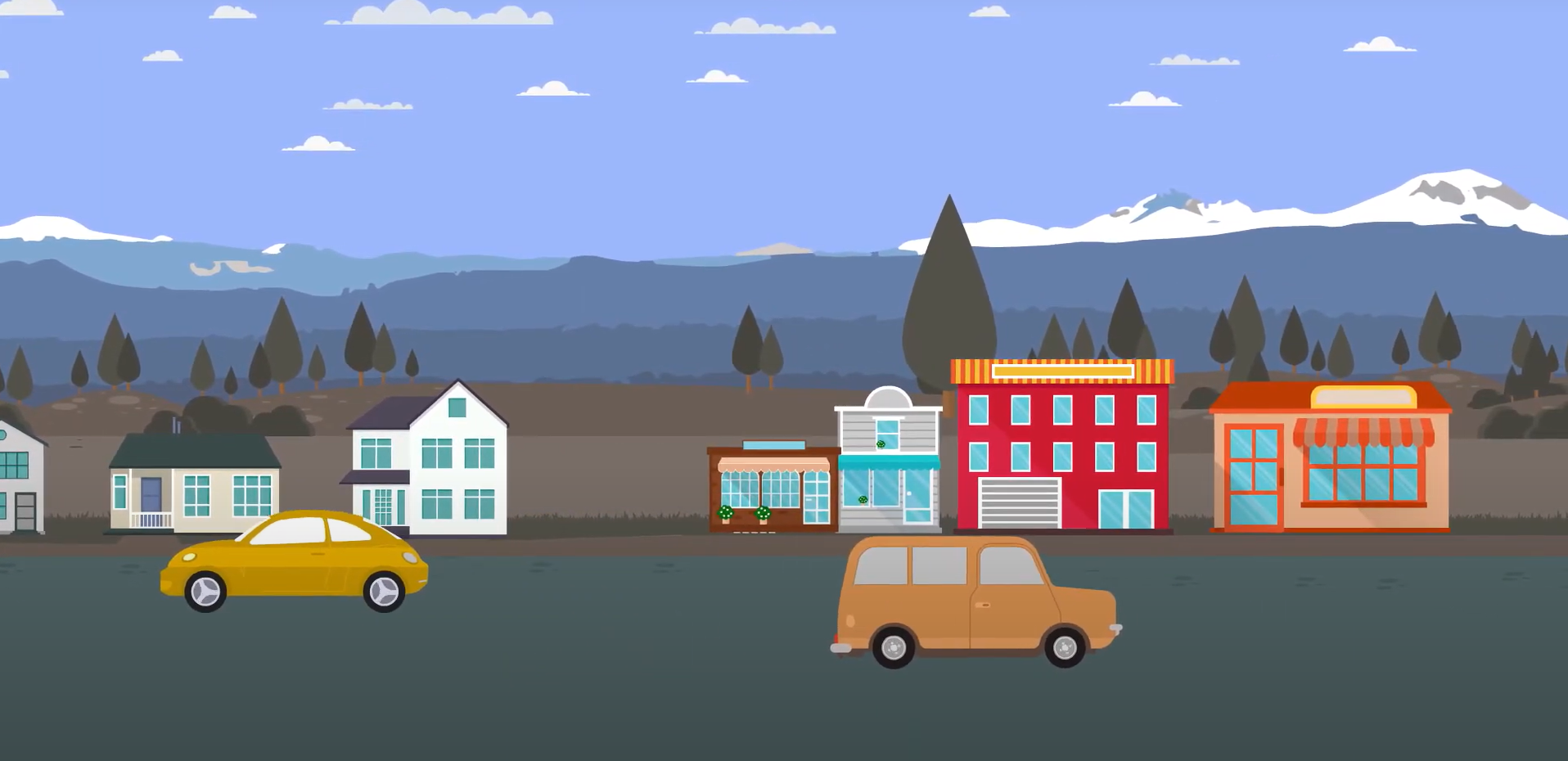 Car and buildings in a illustration with mountains and trees in the background.