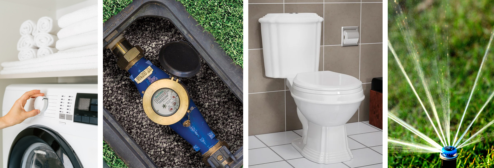 Collage of backflow device, washing machine, sprinkler head, and toilet.