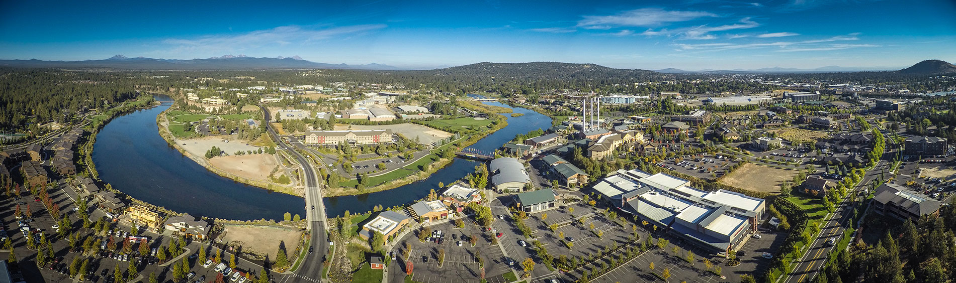 Old Mill Distrcit in Bend with a sharp bend showing in the Deschutes River
