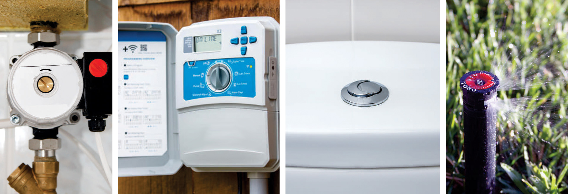 Collage of water pressure tester, irrigation controller, top of toilet tank, and in-ground sprinkler raised and producing water.