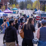 Street fair with vendors and people milling through booths.