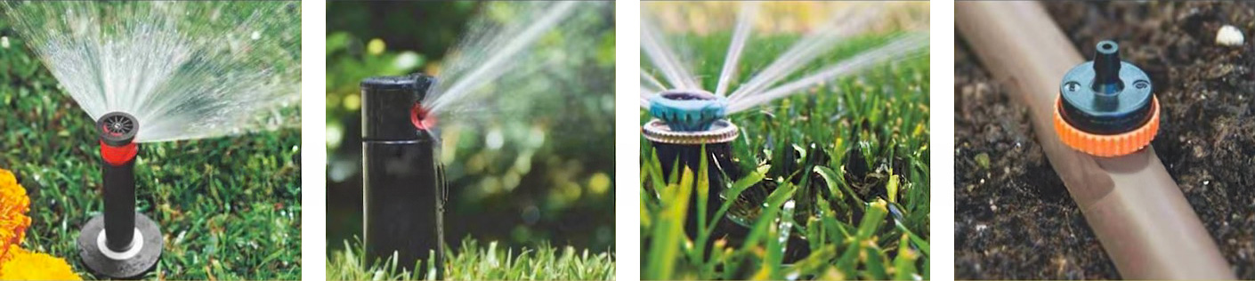 Collage of 4 sprinkler types: spray, rotor, high-efficiency, and dripline.