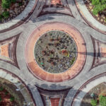 Image of a traffic circle directly overhead.