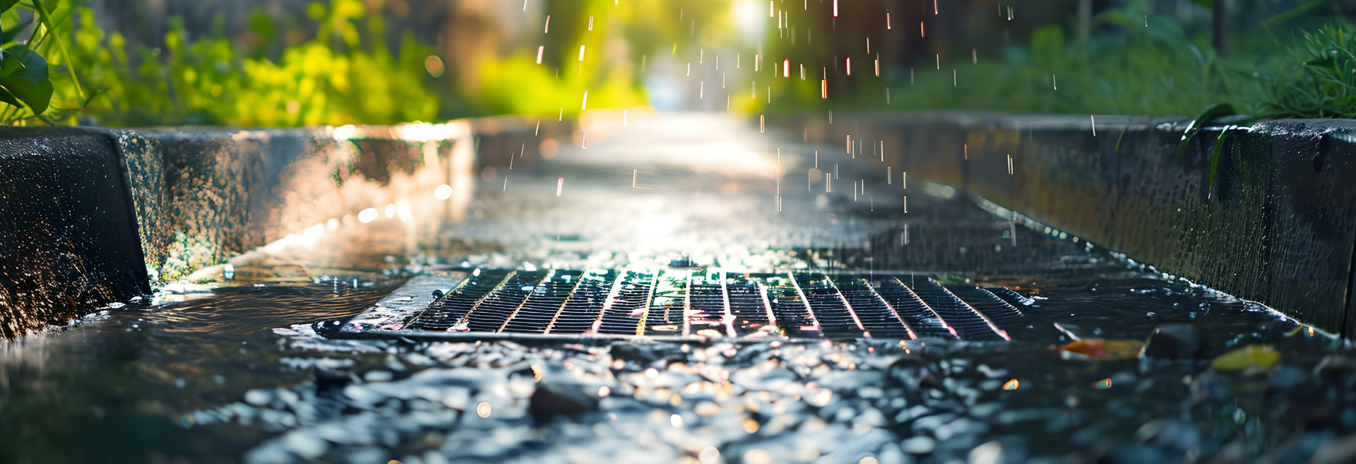 Street level view of a storm drain with water running into it and rain falling.